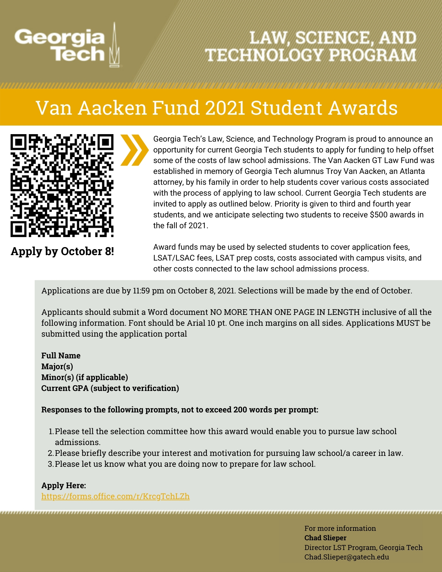 A flyer for the Van Aacken Fund Student Awards 2021