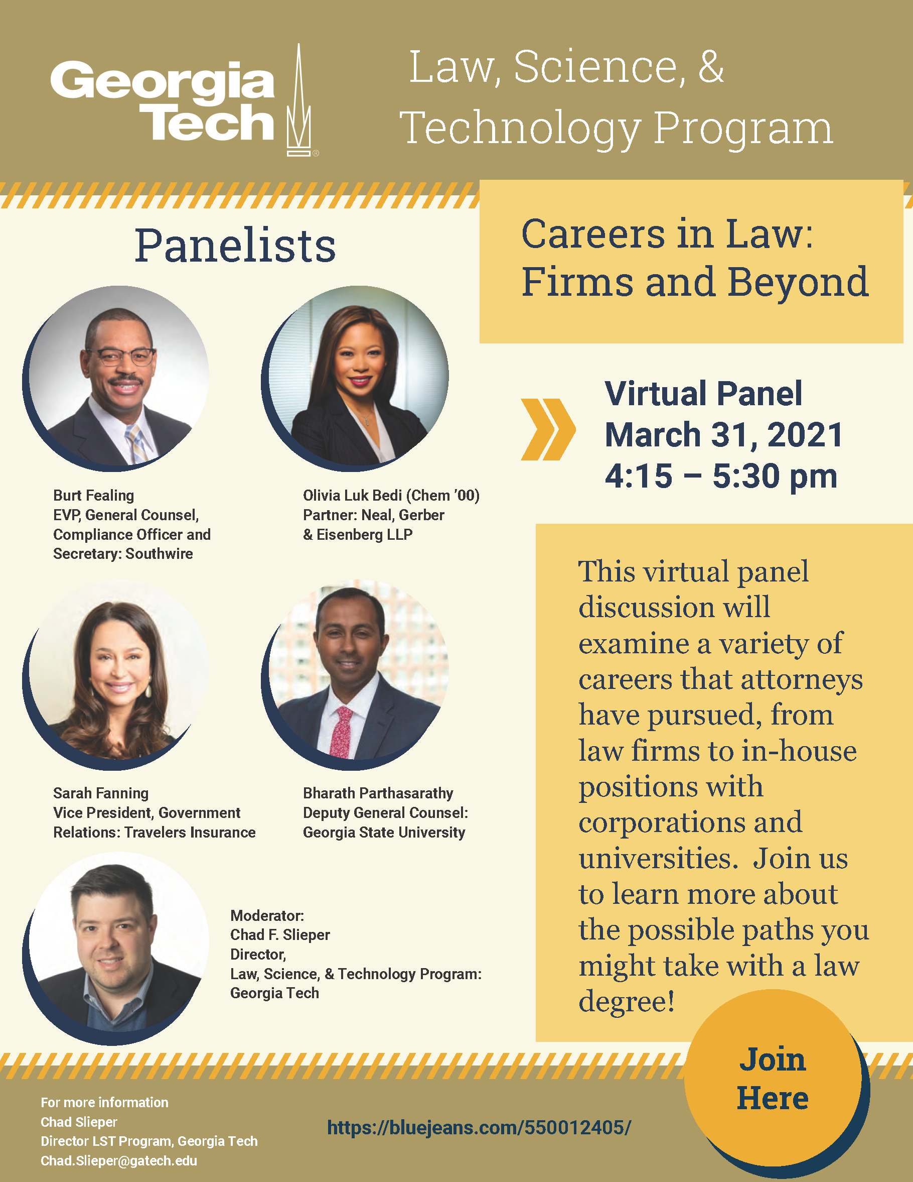 A flyer for a virtual panel discussion of the careers that attorney s have pursued