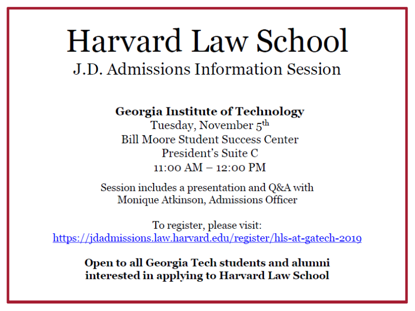 A flyer for a Harvard Law School J.D. Admissions session