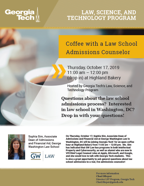 A flyer for a visit with a George Washington University Law School admissions counselor