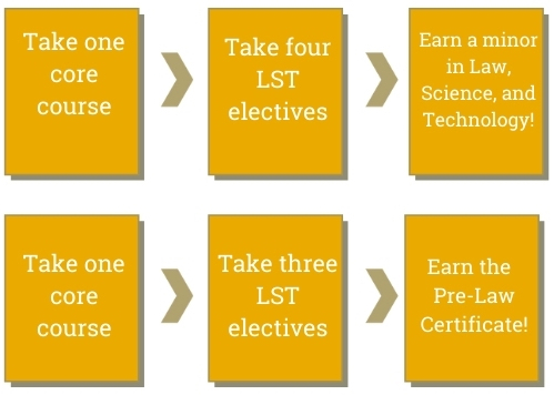 A chart describing the process of earning a pre-law certificate or LST minor. This process is described in the accompanying text.