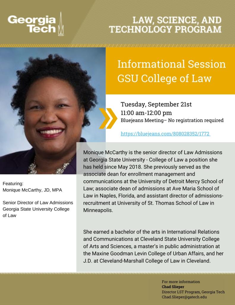 A flyer for the Georgia State College of Law Information Session
