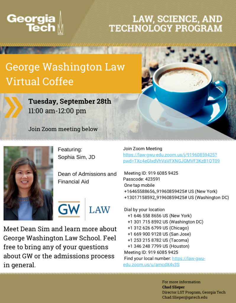 Flyer for the George Washington Law Virtual Coffee Hour