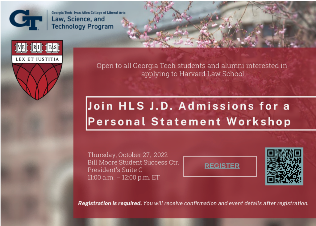 A flyer for the LST Personal Statement Workshop with Harvard Law