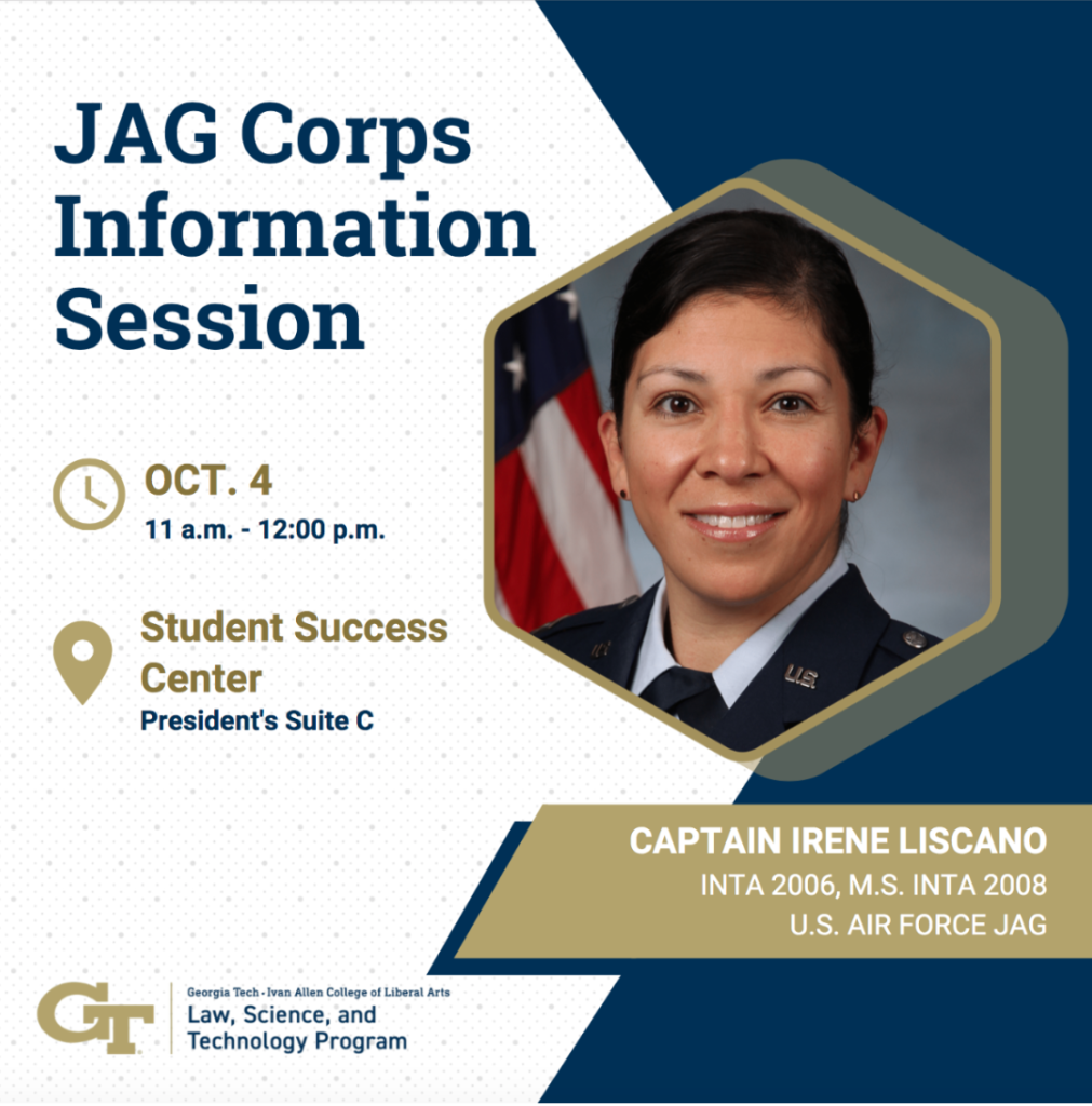 A flyer for the JAG Corps Information Session with Captain Irene Liscano