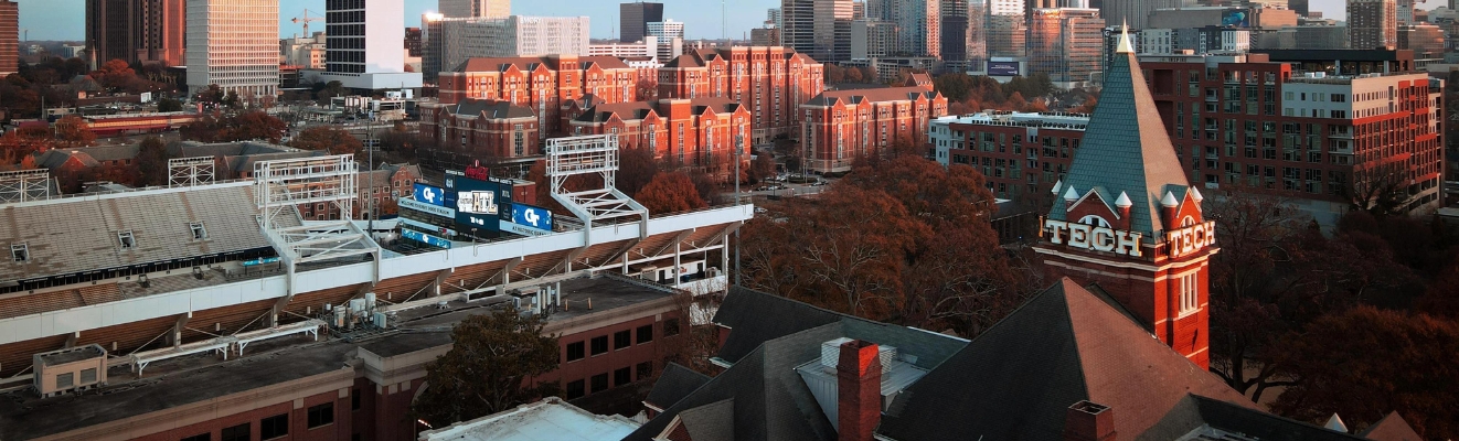 Aerial view of Tech Tower and the Atlanta skyline.