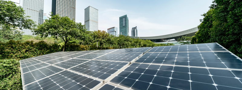 solar panels and city skyline