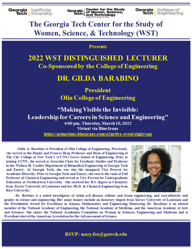 A flyer for Dr. Gilda Barabino's Women, Science, and Technology distinguished lecture, titled “Making Visible the Invisible: Leadership for Careers in Science and Engineering”