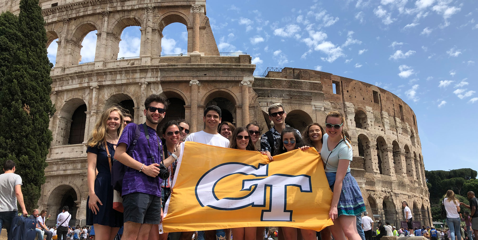 Georgia Tech student group photo with flag