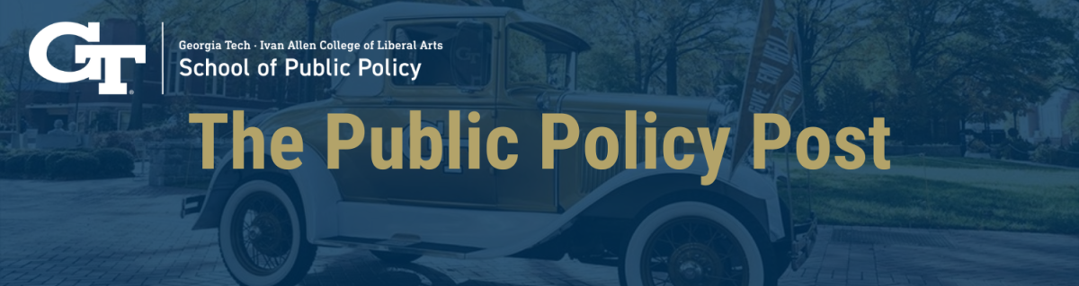 A picture of the Ramblin' Reck with a navy blue tint over it. The School of Public Policy logo and gold text reading "The Public Policy Post" are on top.